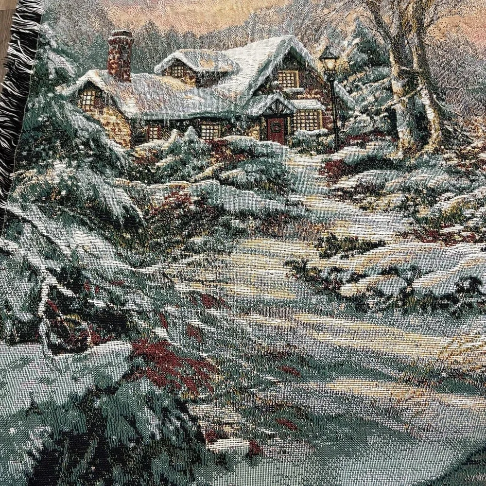 Mohawk Home Vintage Tapestry Throw Blanket Winter Scene Cabin in Woods 56x48